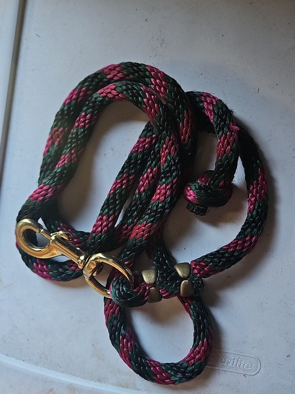 Braided Rope Horse Lead in Green and Maroon with Gold Hardware